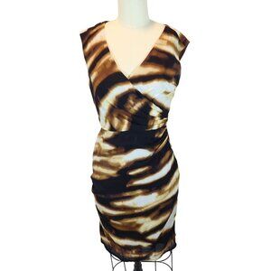 ANN TAYLOR Abstract Print Ruched 100% Silk Sheath Dress Size 0 Brown Black